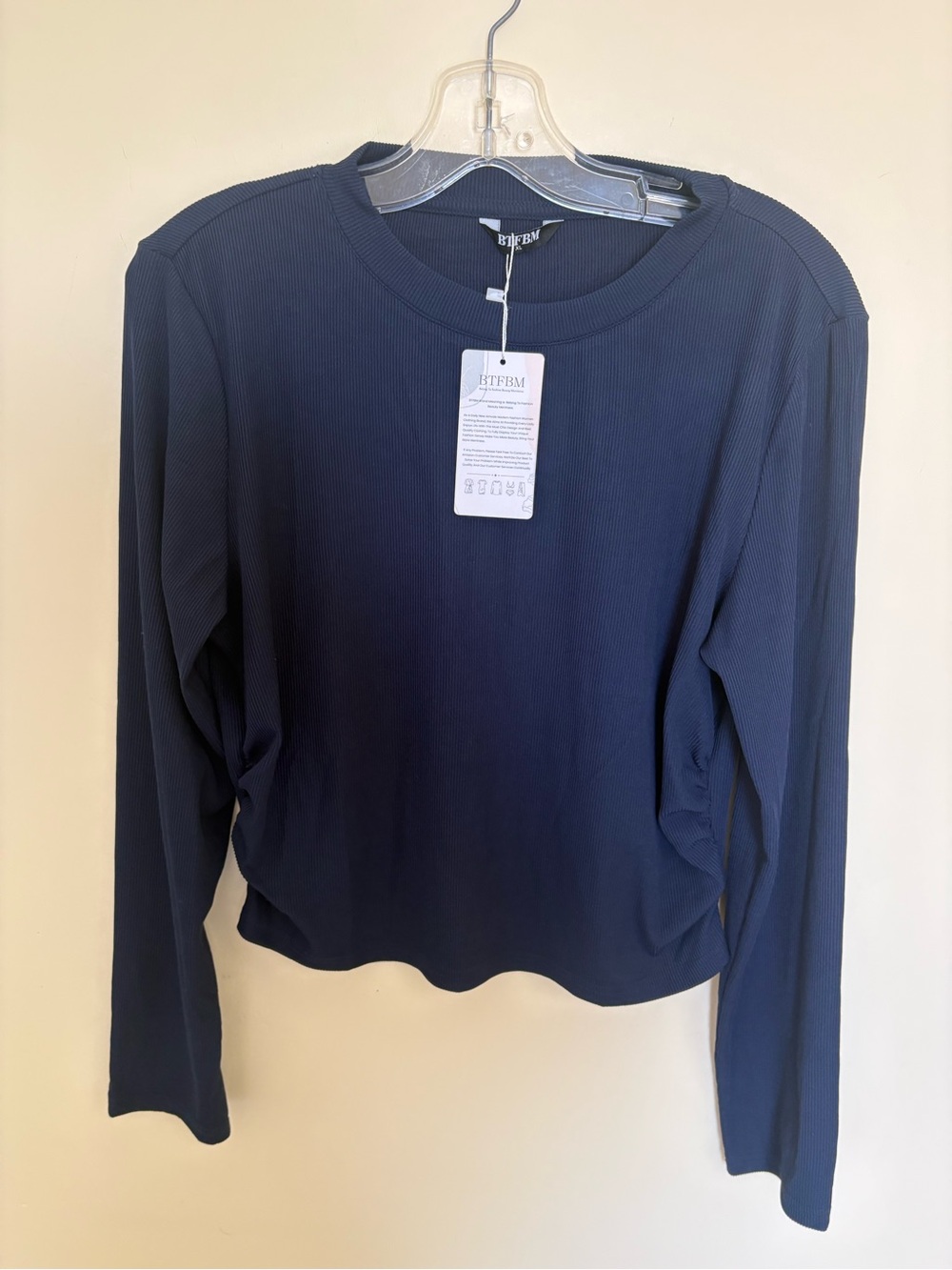 New with Tags Navy Ribbed Long-Sleeve Crop Top with cinched sides Size XL